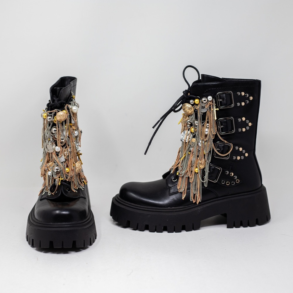 NEW Azalea Wang Megumi Black Metal Hardware Embellished Combat Booties Shoes 7